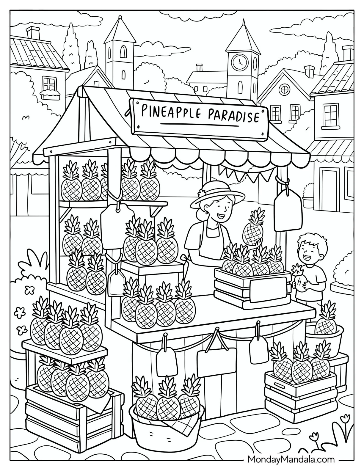 Pineapple Vendor Selling Fresh Fruit at a Village Market Coloring Sheet coloring page