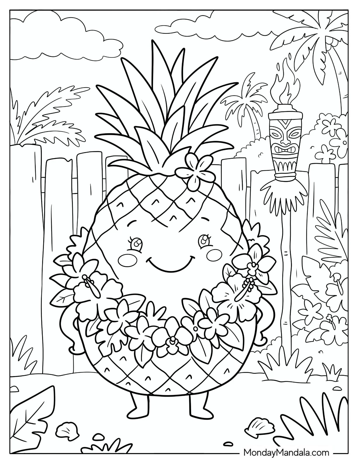 Pineapple Wearing a Flower Lei in a Tropical Garden Coloring Page coloring page
