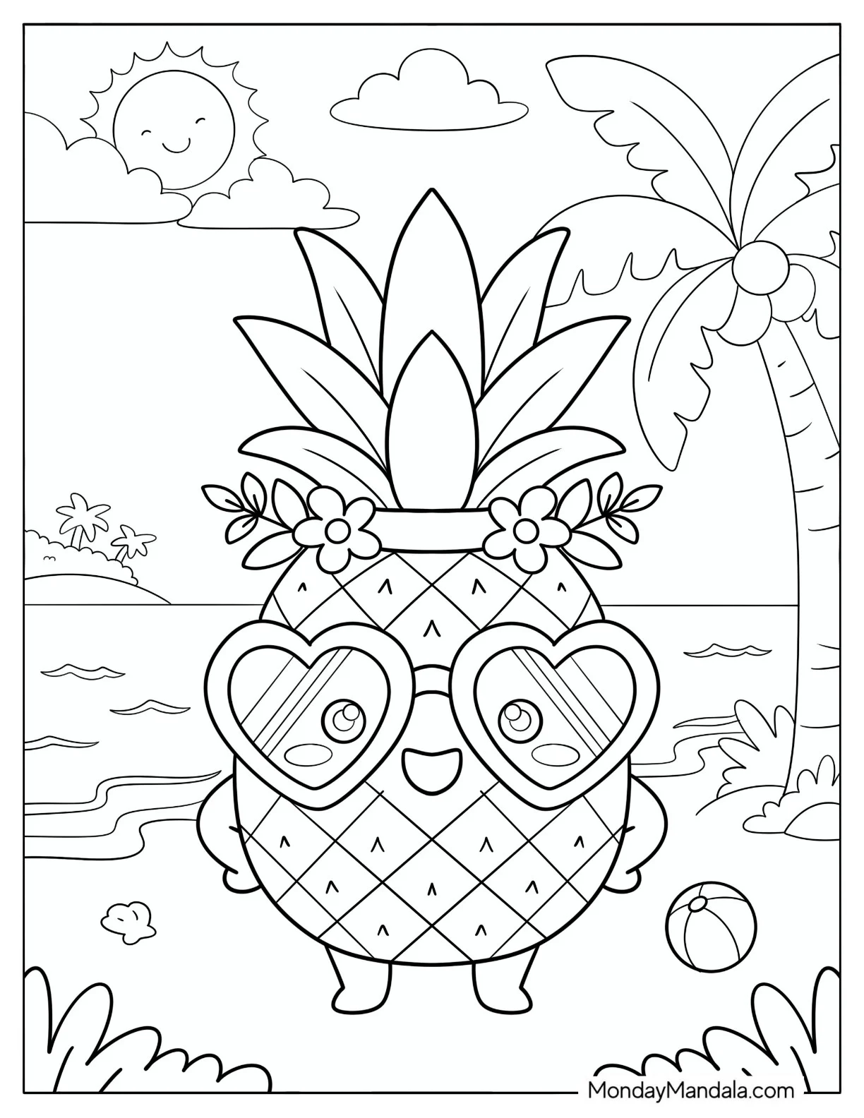 Pineapple Wearing Heart Shaped Sunglasses on a Tropical Beach coloring page