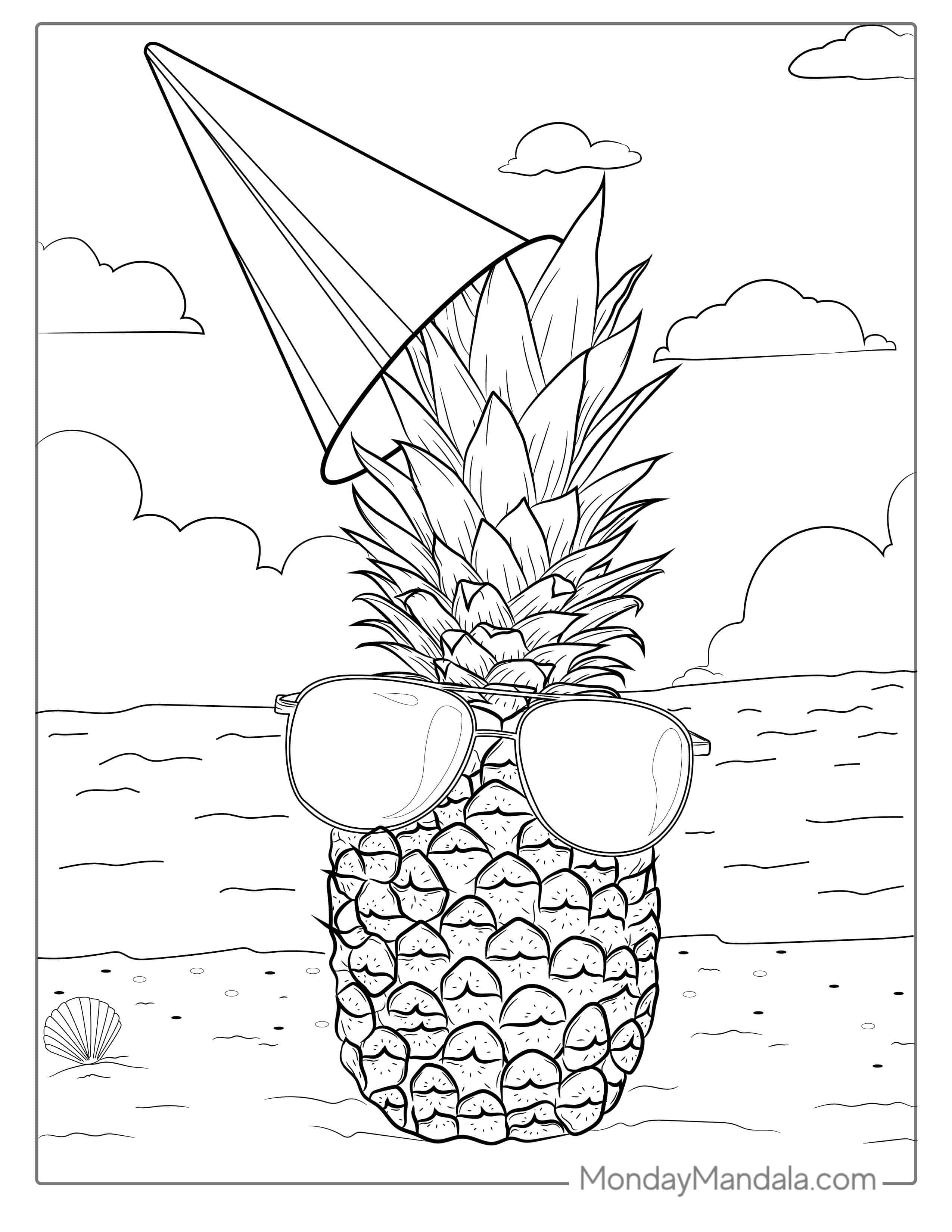 Pineapple Wearing Sunglasses On Beach Coloring Page coloring page