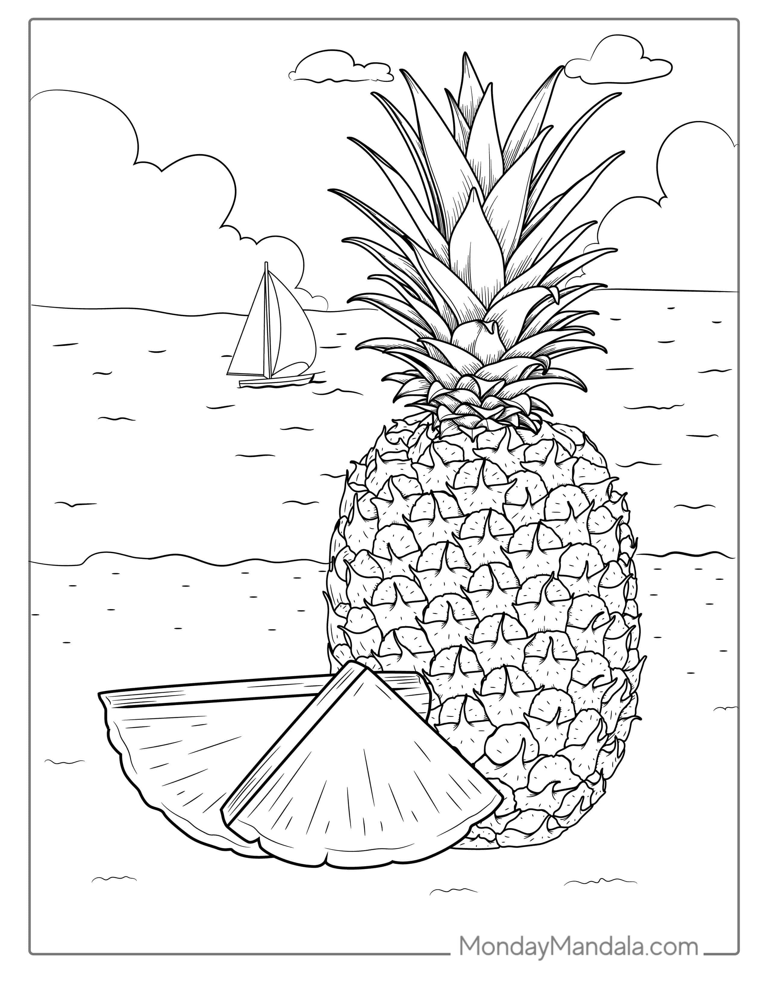 Pineapple With Ocean And Sand coloring page — printable line art