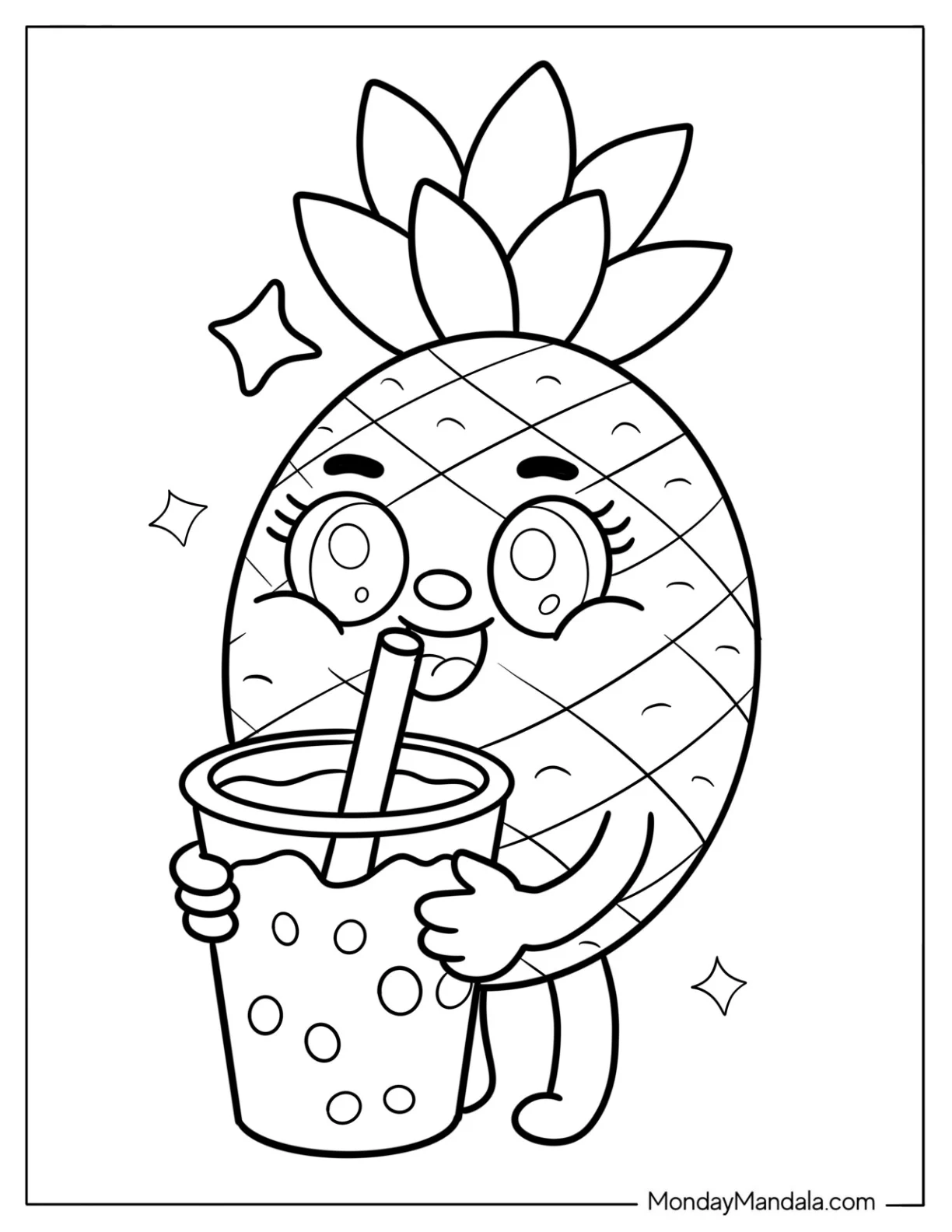 Smiling Pineapple Coloring Page Holding Milk Tea For Kids coloring page — printable line art