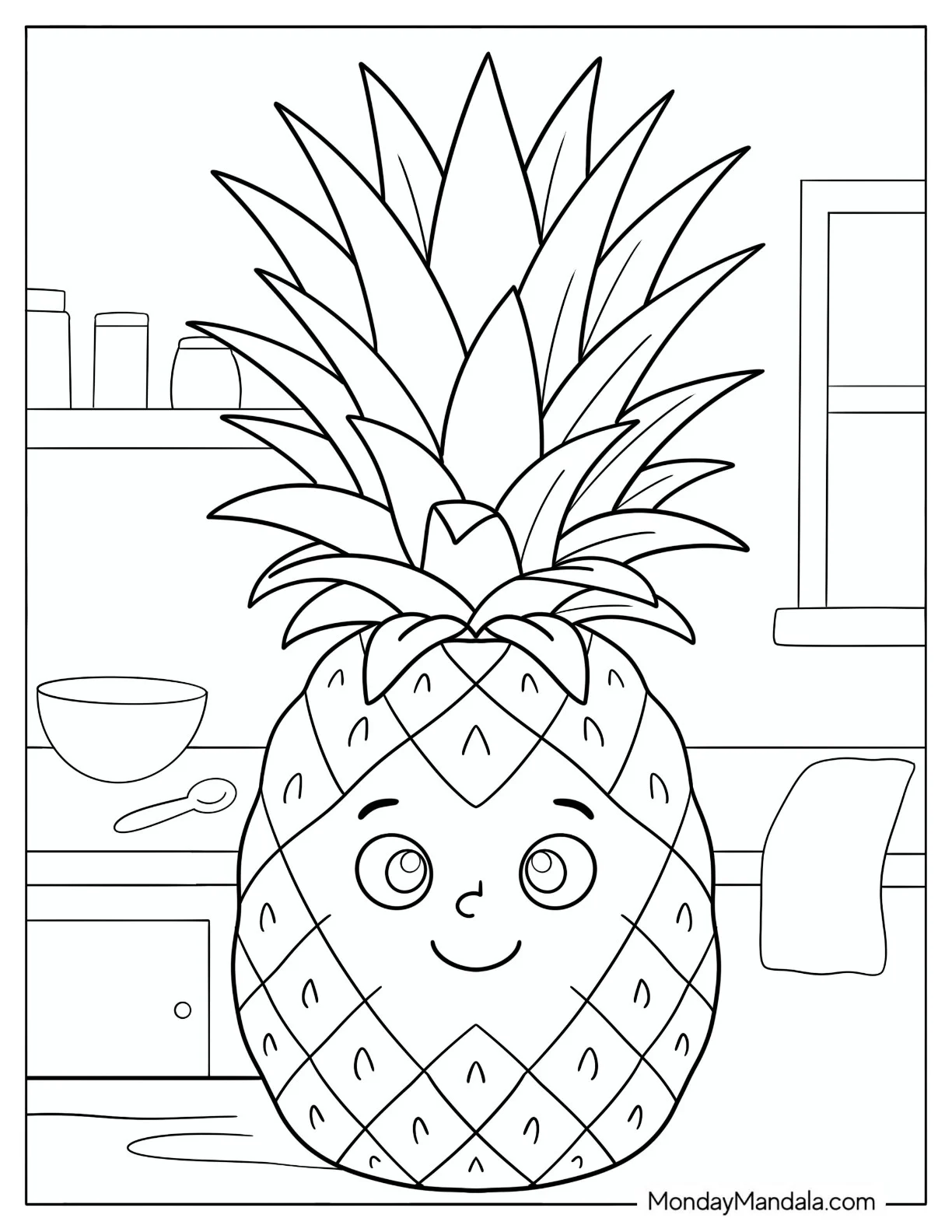 Smiling Pineapple in a Kitchen Coloring Page coloring page