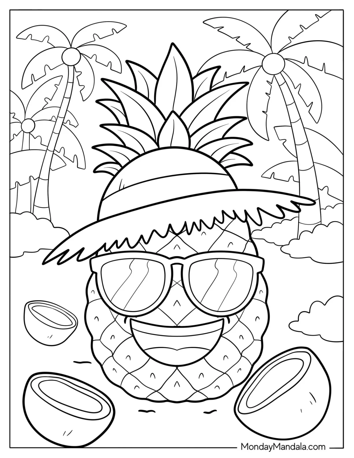 Summer Pineapple Coloring Page With Hat and Coconuts coloring page