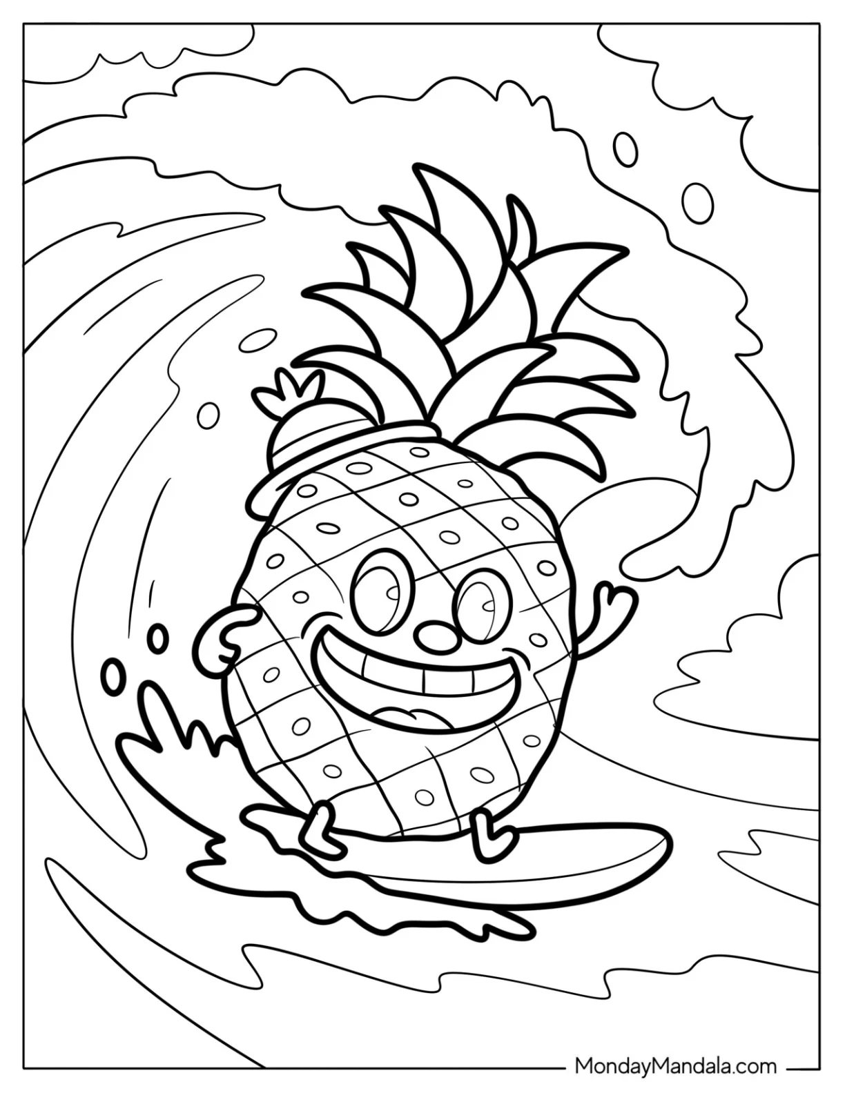 Surfing Pineapple Coloring Page Riding a Giant Wave  For Kids coloring page