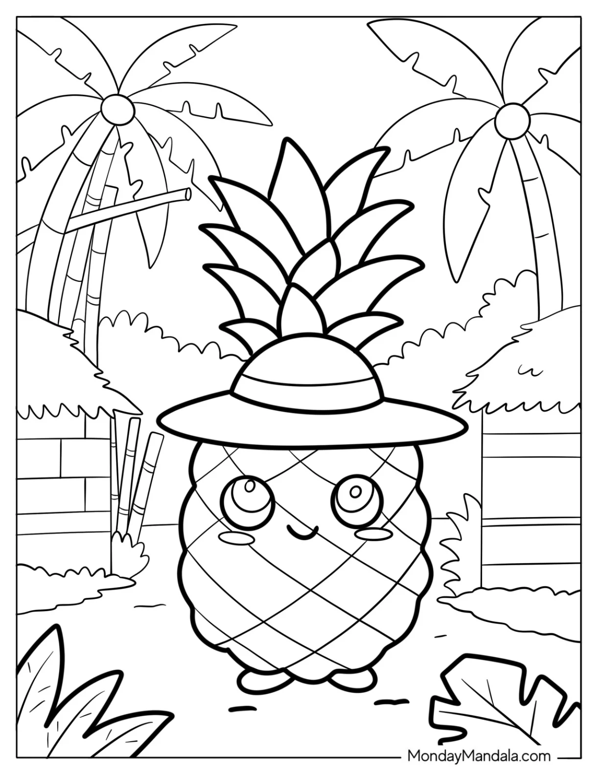 Tropical Pineapple Coloring Page Wearing a Sun Hat For Kids coloring page