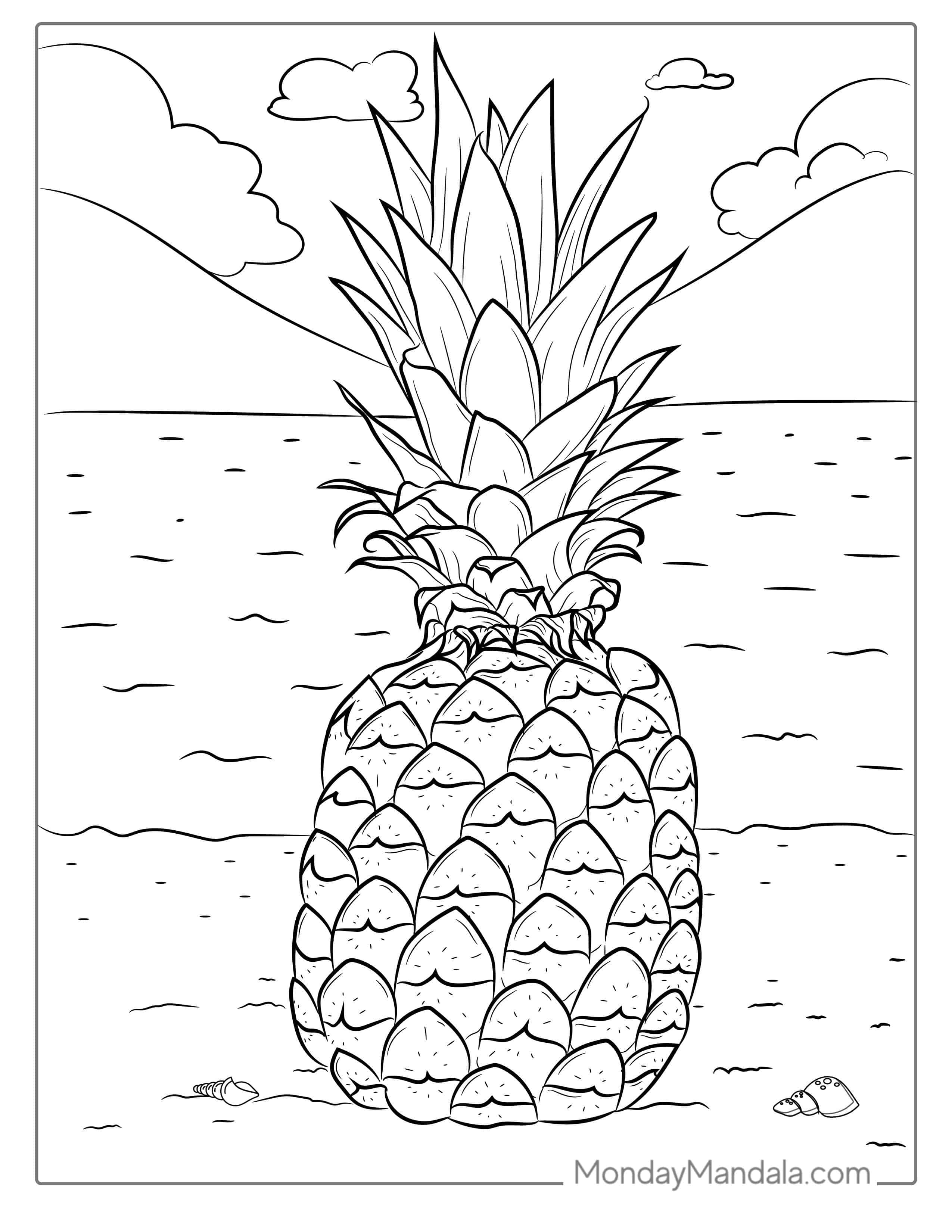 Tropical Themed Pineapple coloring page — printable line art