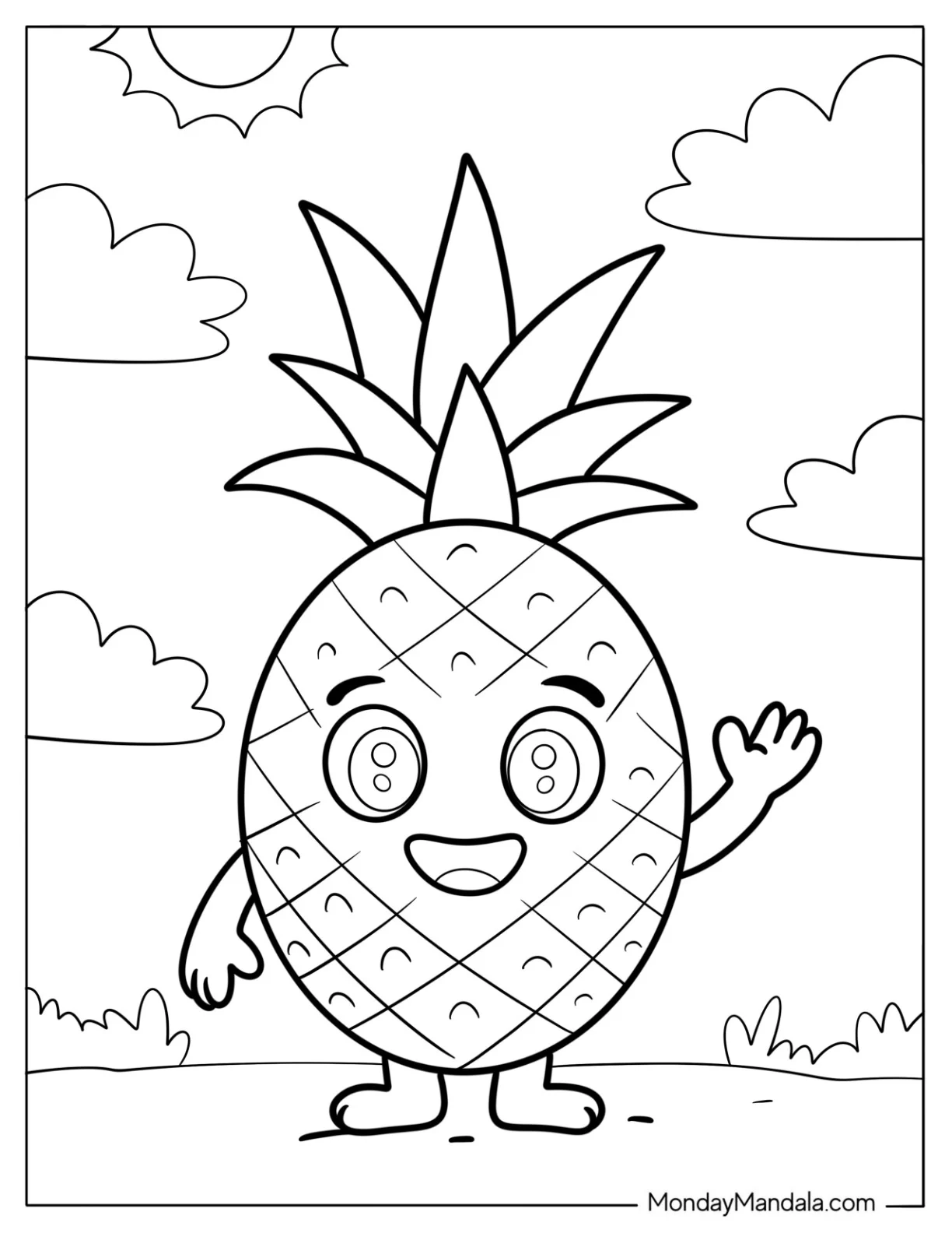 Waving Pineapple Coloring Page Character Smiling Under the Sun For Kids coloring page — printable line art