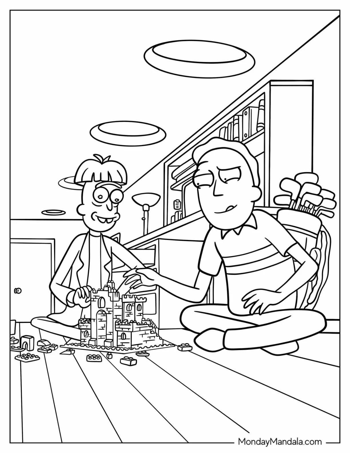 Jerry and Gearhead Building a Castle Rick and Morty Coloring Page coloring page