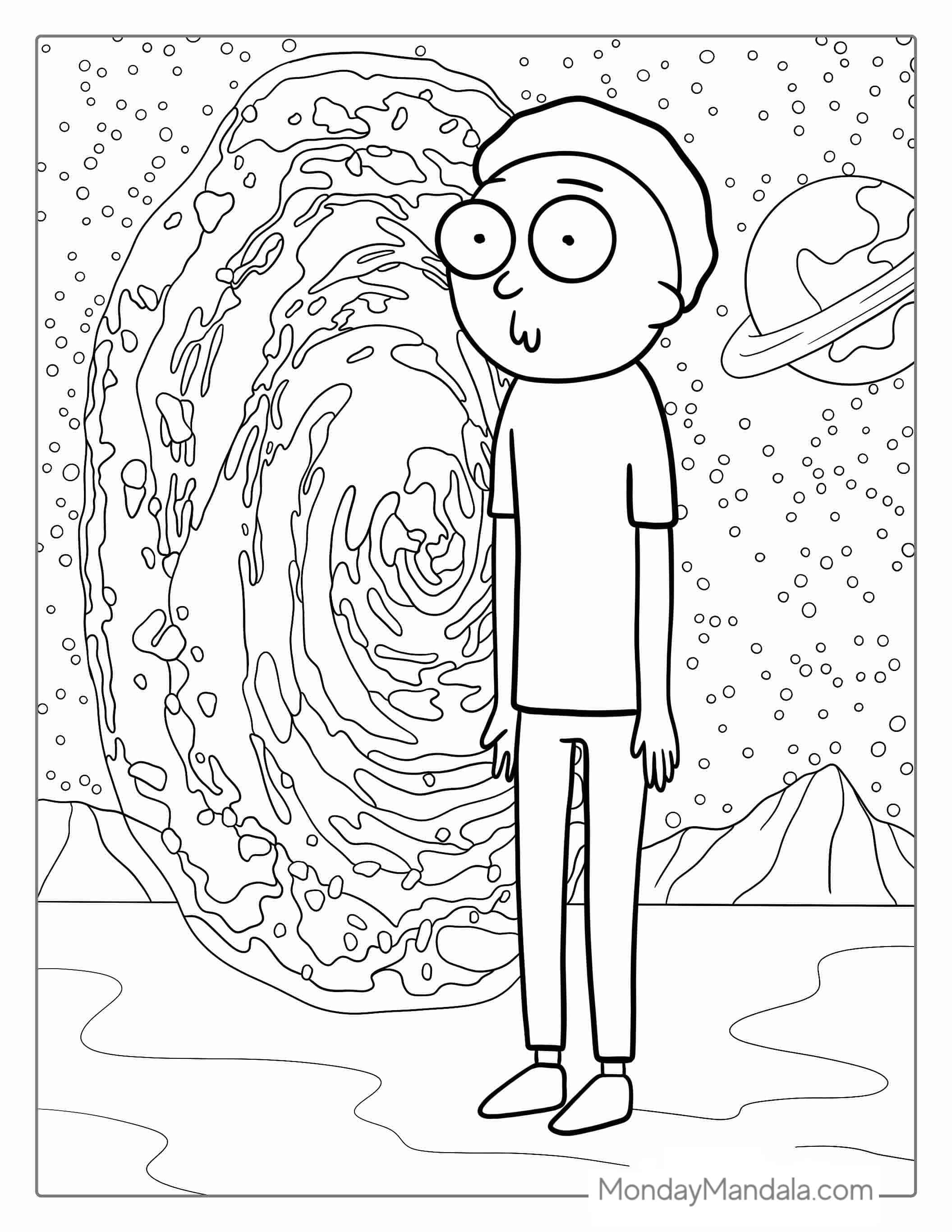Morty Next To Wormhole With Pursed Lips coloring page