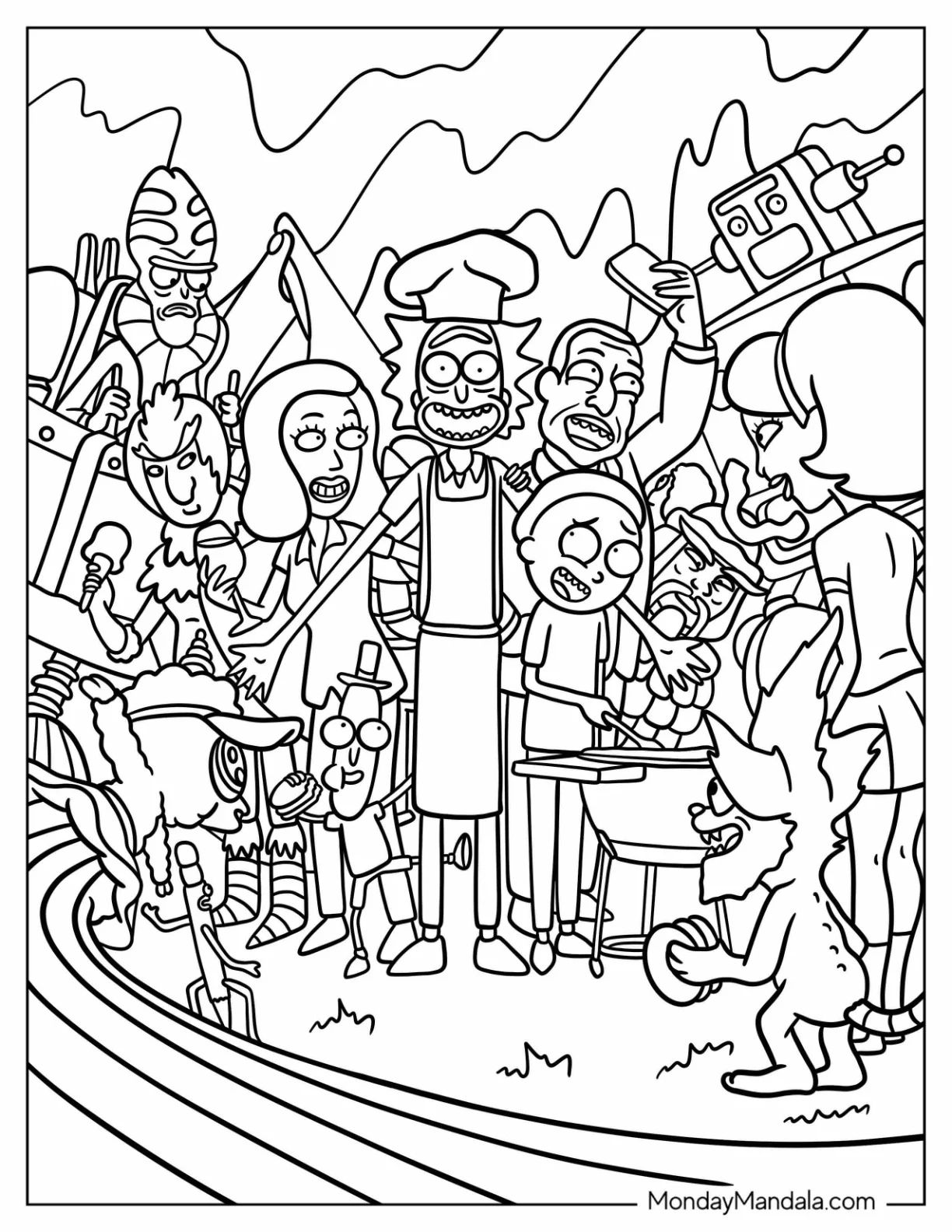 Rick and Morty Coloring Page Of Backyard Barbecue Party With Characters coloring page