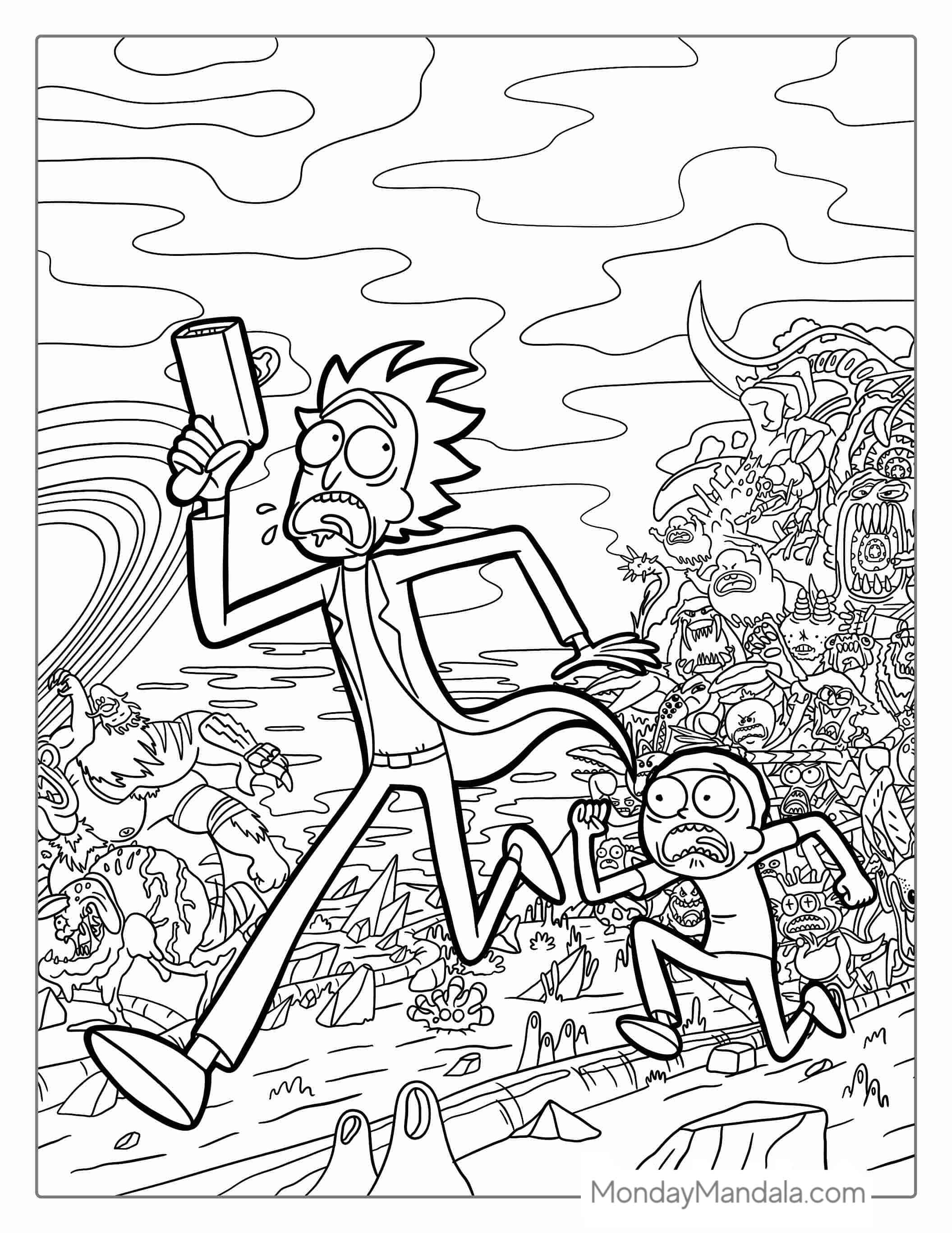 Rick And Morty Running From Aliens Coloring Page coloring page