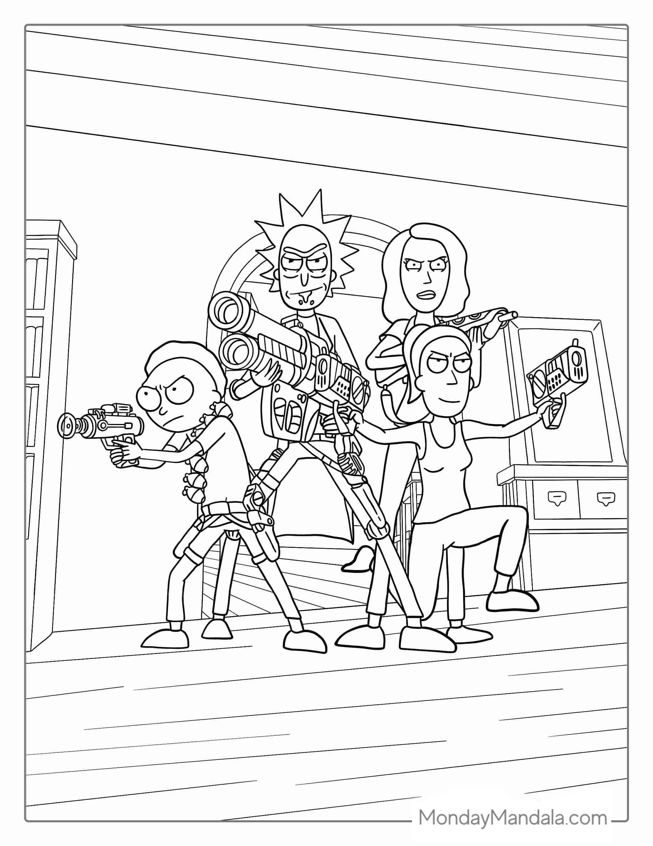 Rick, Morty, Summer, And Beth Coloring Sheet coloring page