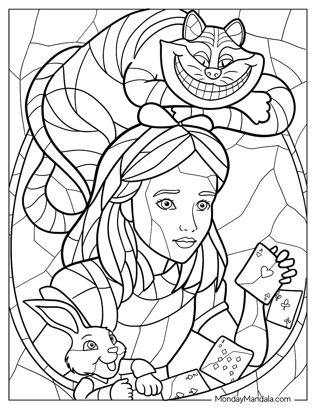 Alice In Wonderland With The Rabbit And The Cheshire Cat Stained Glass Coloring Page coloring page — printable line art