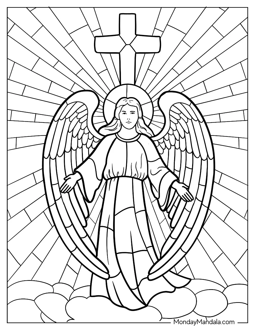 Angel Standing In Front Of A Cross Stained Glass Coloring Page coloring page