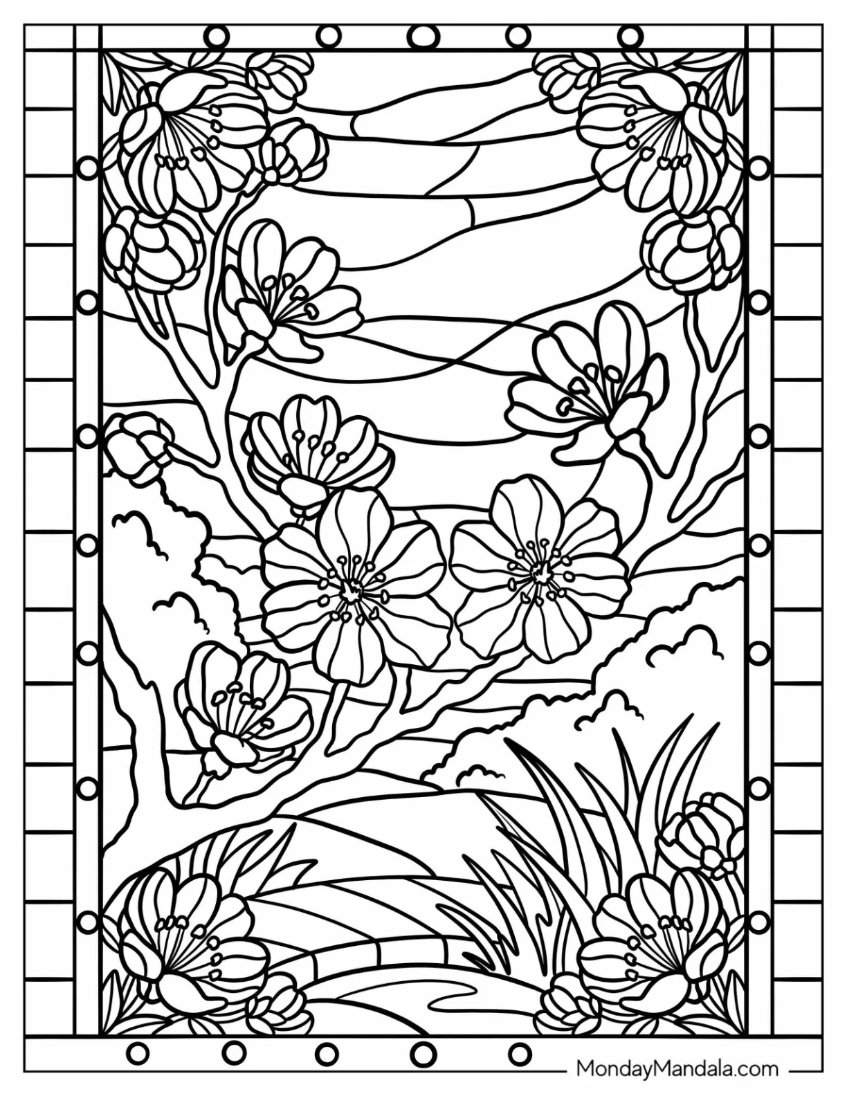 Blooming Cherry Blossoms Stained Glass Coloring Page coloring page