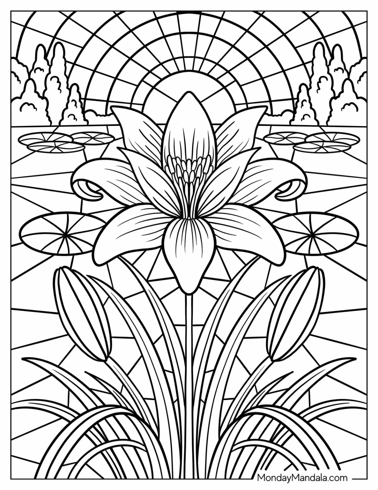 Blooming Lily in Front of a Sunrise Over Water Stained Glass Coloring Page coloring page