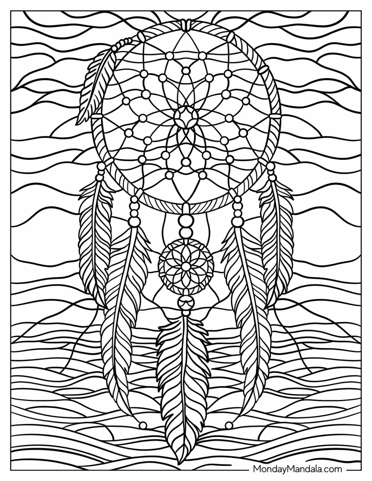 Boho Stained Glass Coloring Page of Dreamcatcher with Beads and Waves coloring page