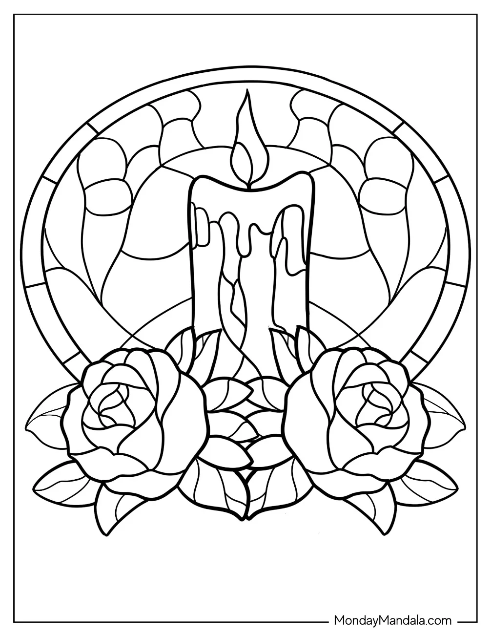 Candle With Two Roses Stained Glass Coloring Page coloring page