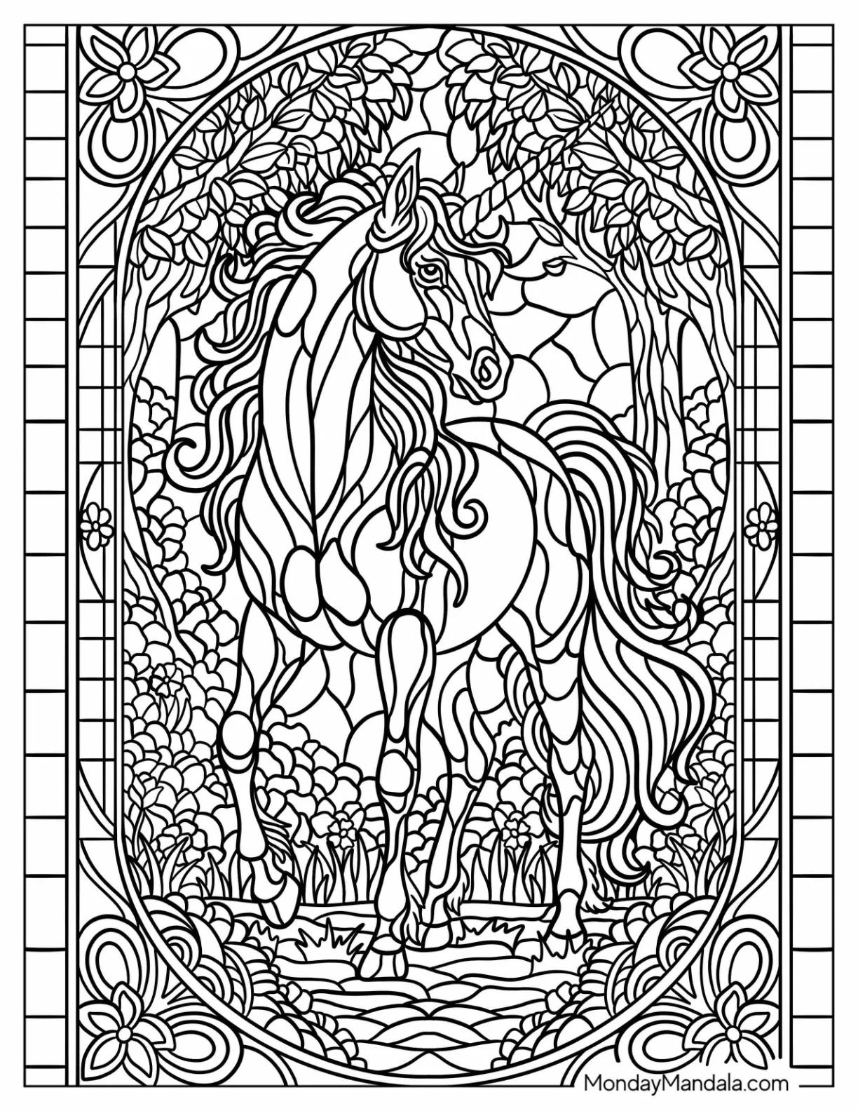 Elegant Unicorn In Detailed Garden Landscape Stained Glass Coloring Page coloring page