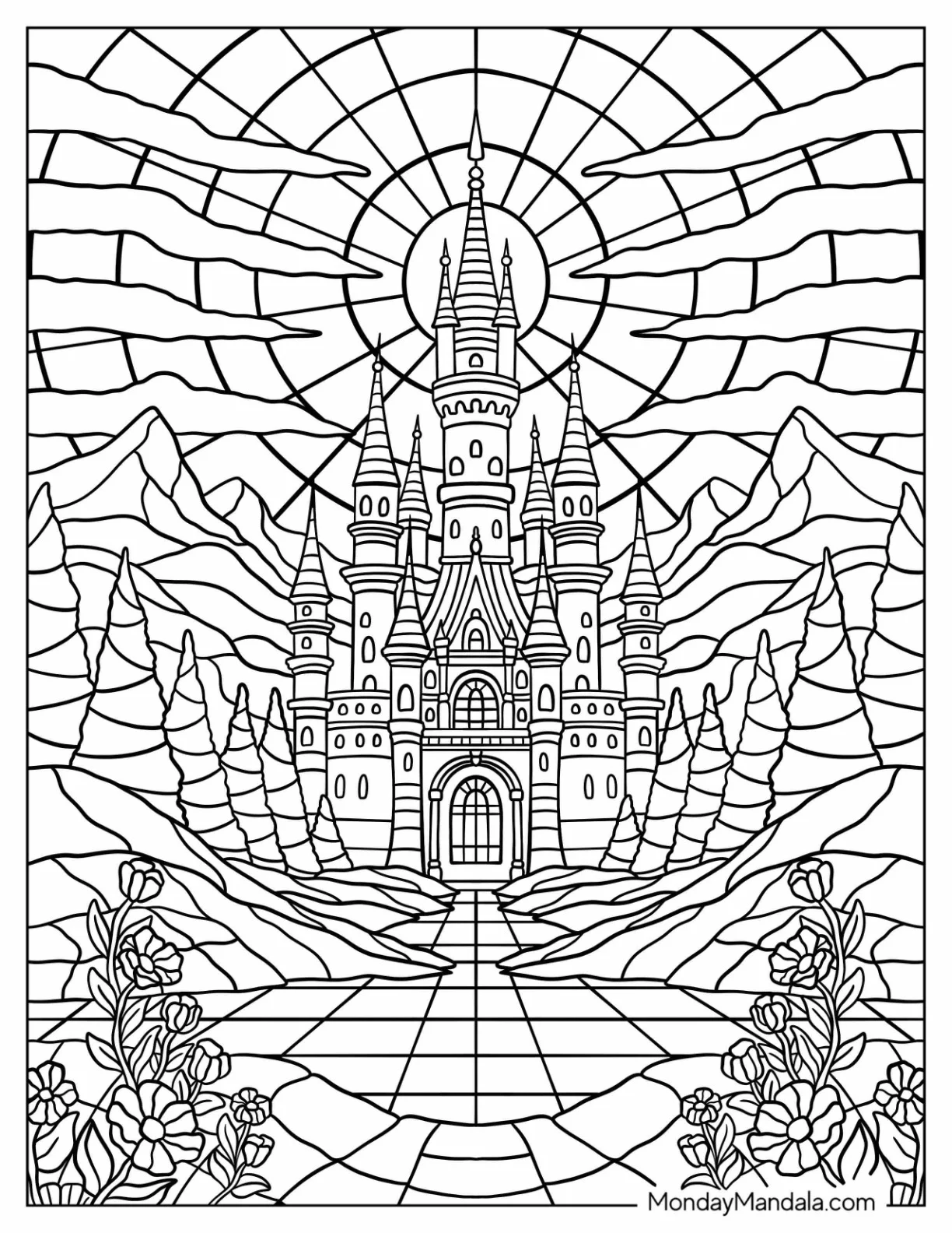 Fairytale Castle Under Radiant Sunlight Stained Glass Coloring Page coloring page — printable line art