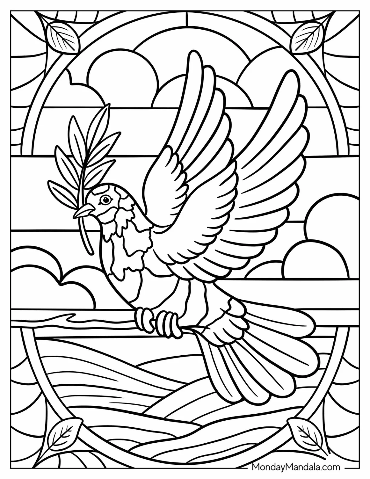 Graceful Dove Holding an Olive Branch Mid Flight Against a Sunset Sky Stained Glass Coloring Page for Kids coloring page — printable line art