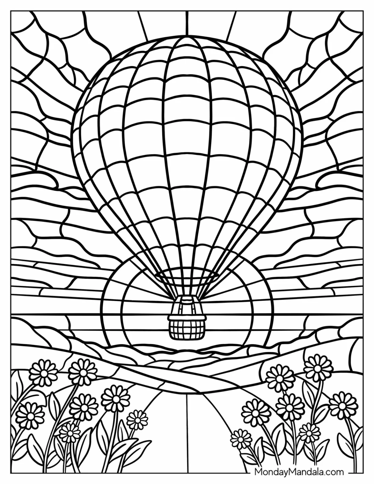 Hot Air Balloon Floating Over a Flower Field Stained Glass Coloring Page coloring page