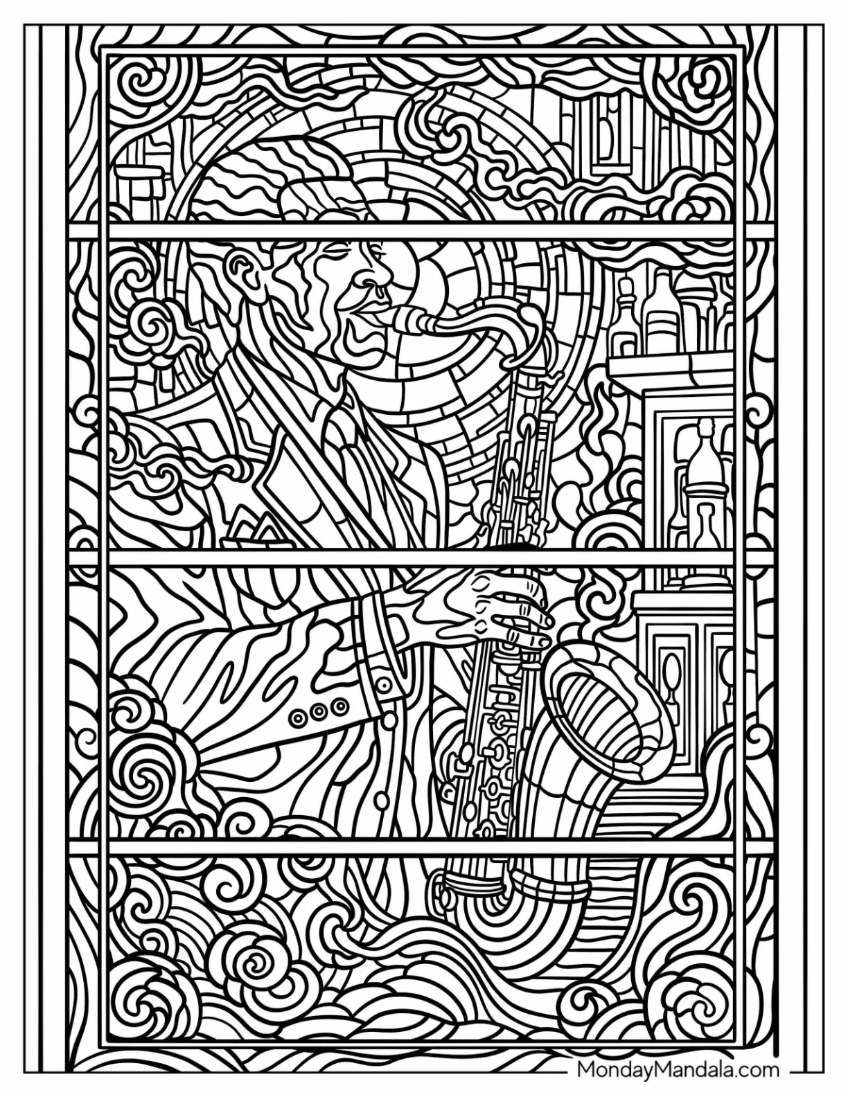 Jazz Musician Playing Saxophone in a Smoky Bar Stained Glass Coloring Page coloring page — printable line art