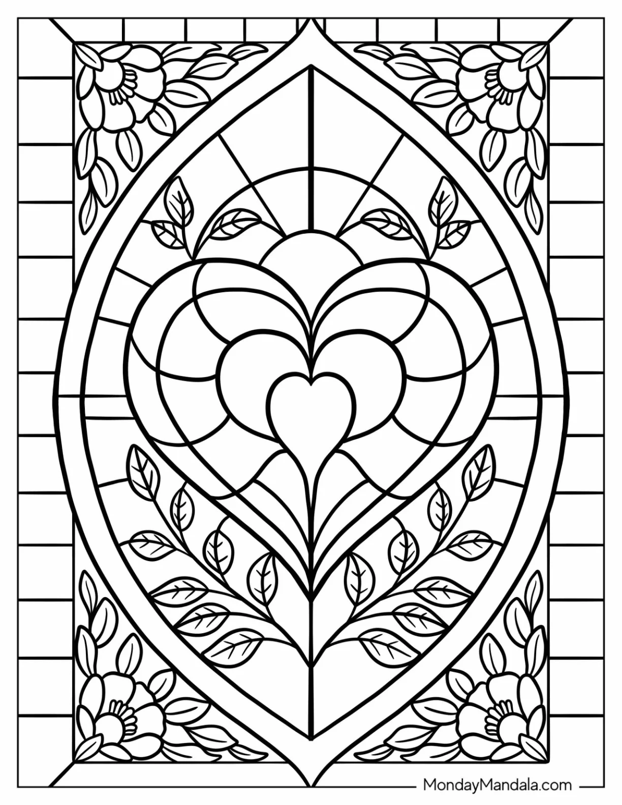 Layered Hearts with Leaves and Floral Border in a Romantic Stained Glass Coloring Page for Kids coloring page
