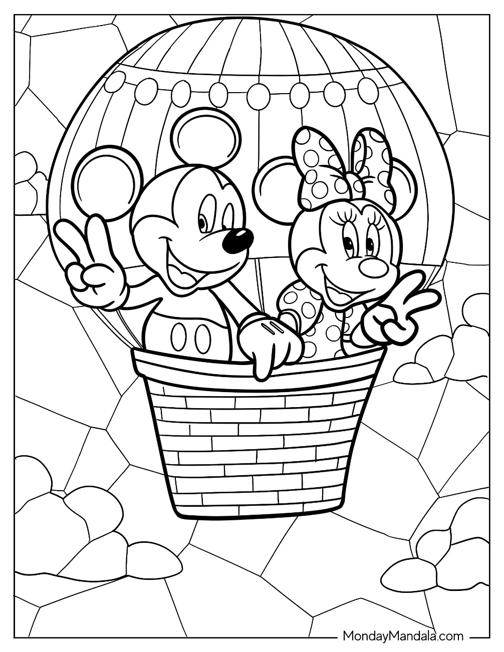 Mickey And Minnie Mouse On A Hot Air Balloon Stained Glass Coloring Page coloring page