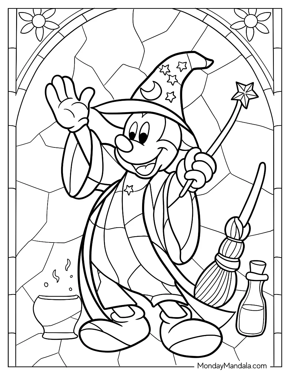 Mickey Mouse Fantasia Stained Glass Coloring Page For Kids coloring page
