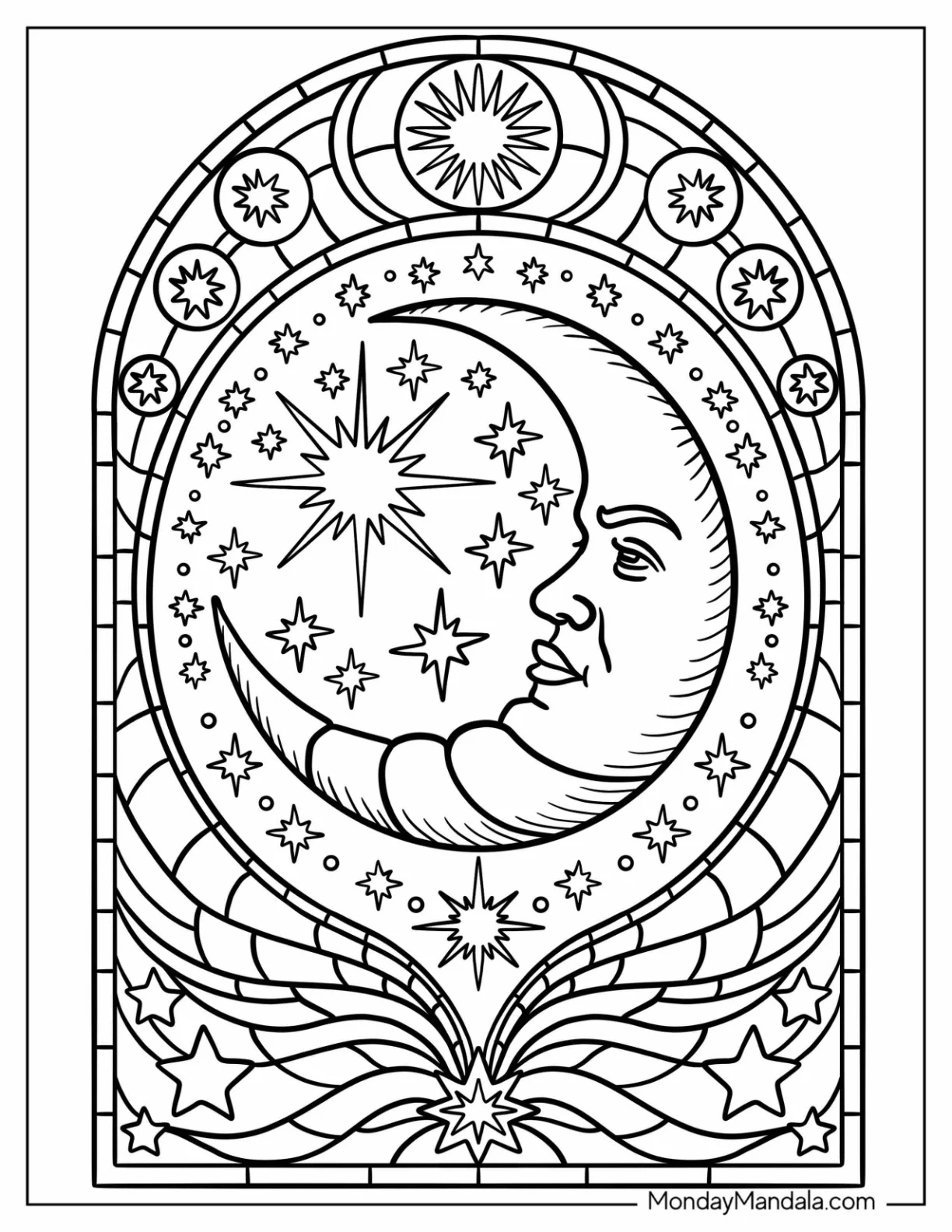 Mystical Crescent Moon with Face Surrounded by Stars Stained Glass Coloring Page coloring page