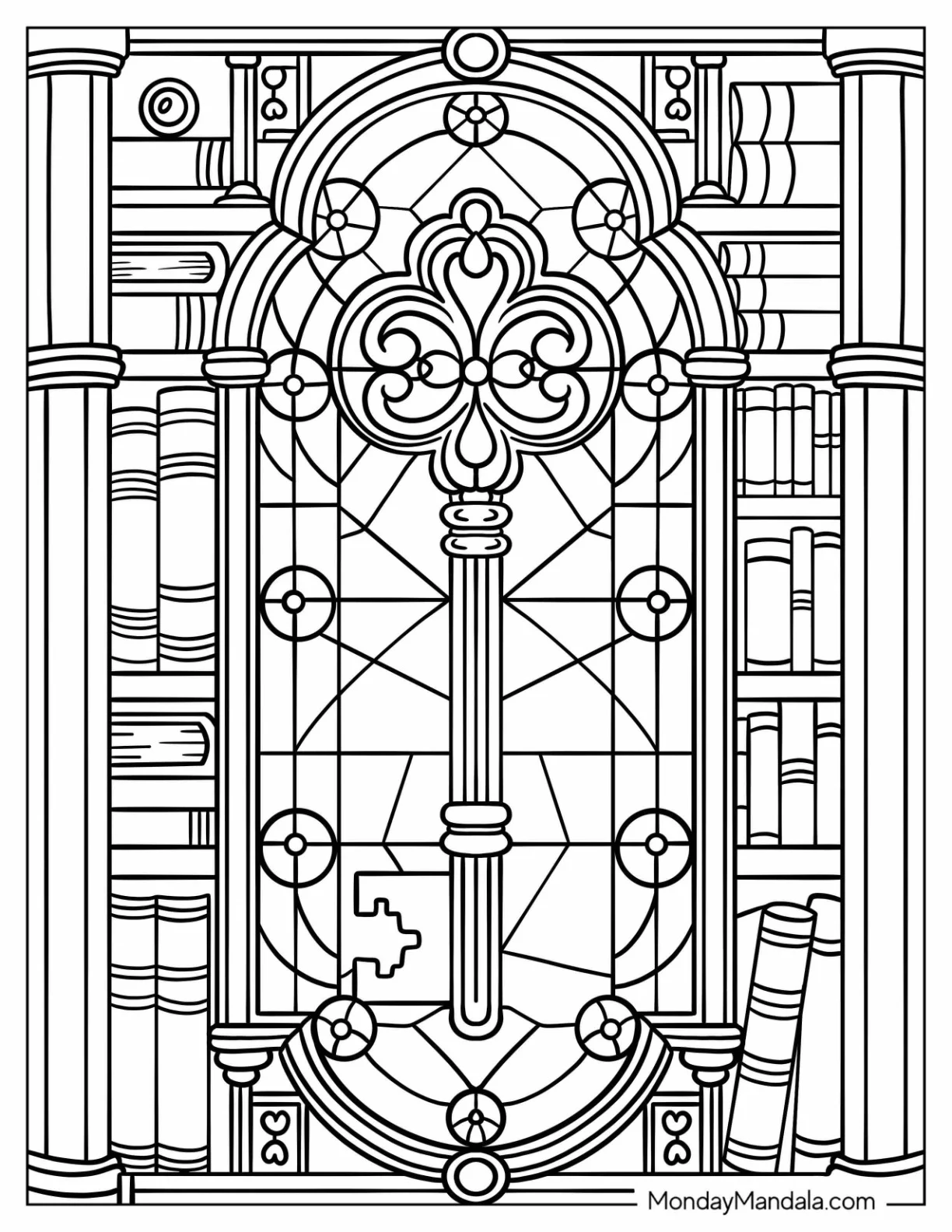 Ornate Skeleton Key Framed by Bookshelves in a Gothic Stained Glass Coloring Page coloring page