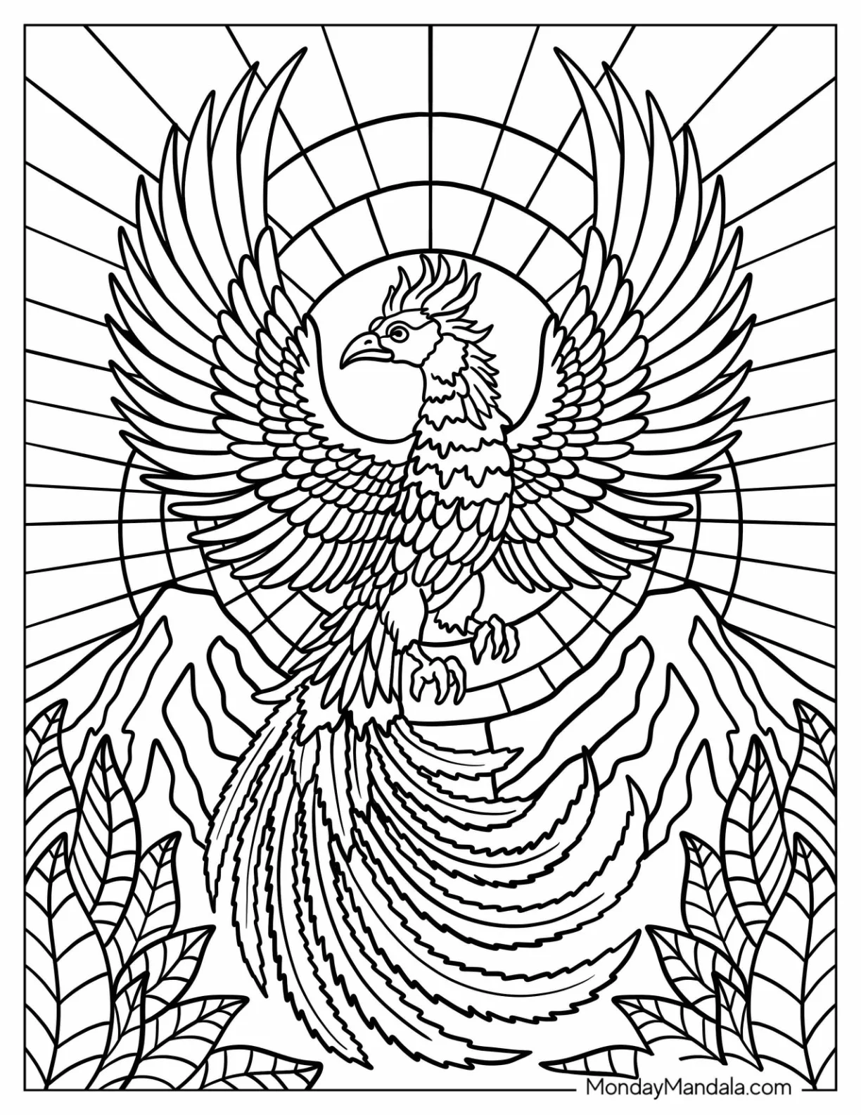 Phoenix Rising Over Mountains with Sun Rays in an Ornate Stained Glass Coloring Page coloring page