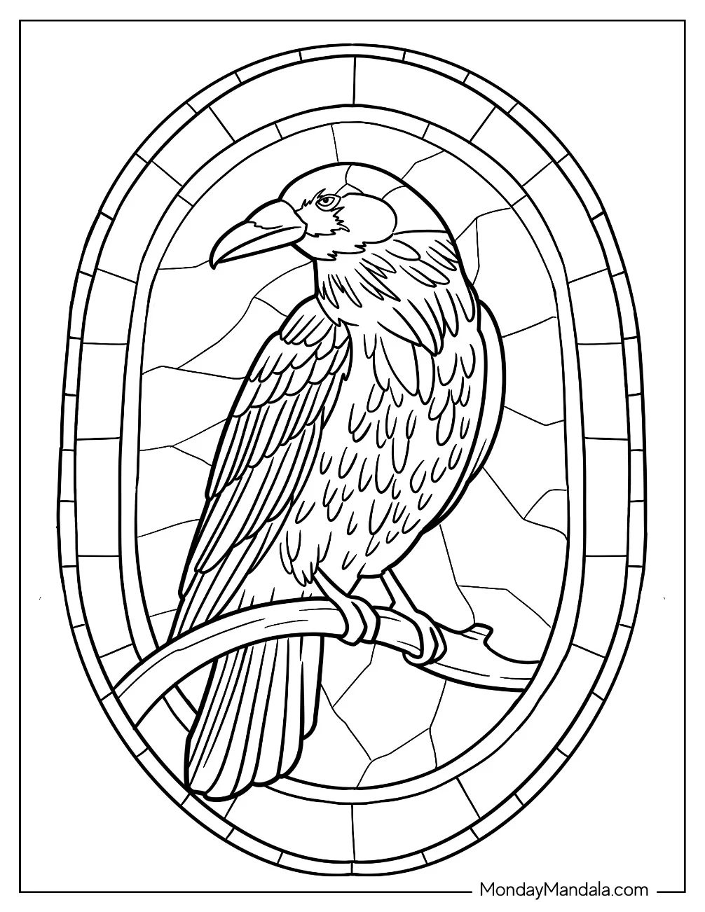 Raven Perched On A Branch Stained Glass Coloring Page For Kids coloring page