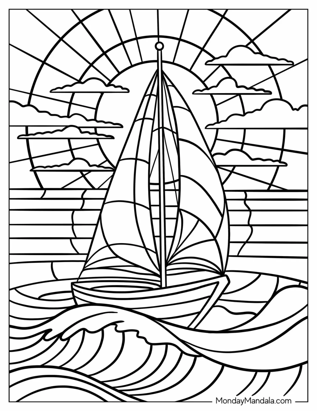 Sailboat Gliding Over Ocean Waves at Sunset Stained Glass Coloring Page for Kids coloring page