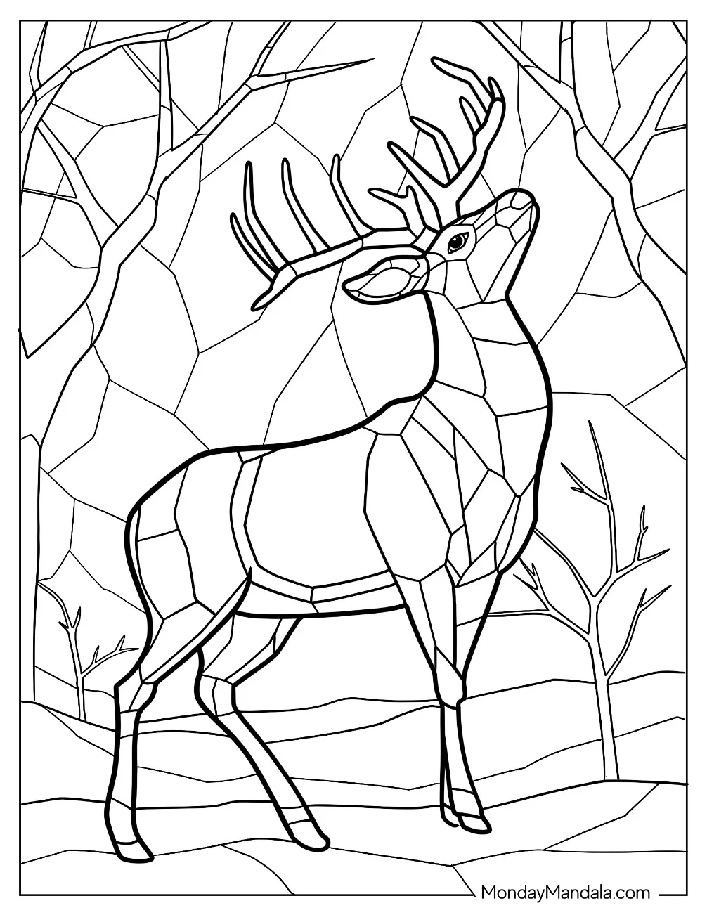 Simple Reindeer In The Forest Stained Glass Coloring Page coloring page