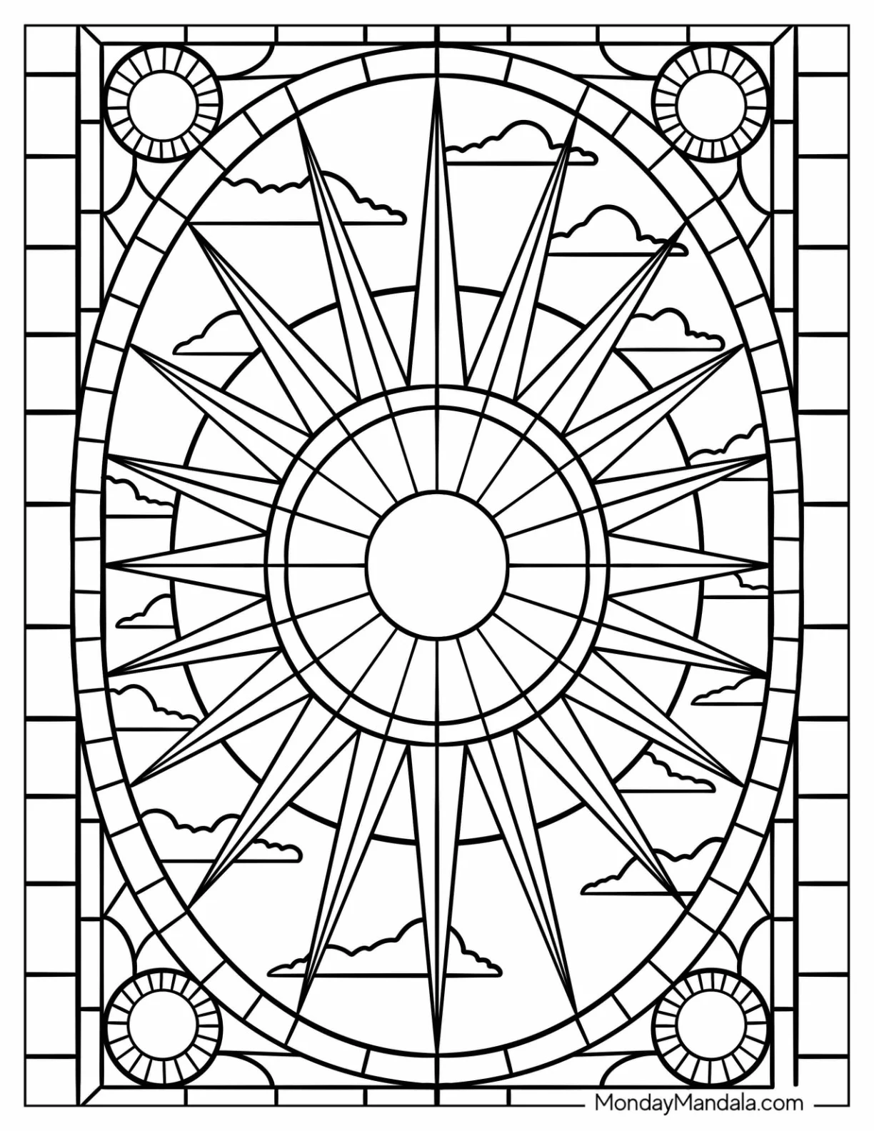 Stained Glass Coloring Page of Majestic Sunburst Window with Clouds coloring page