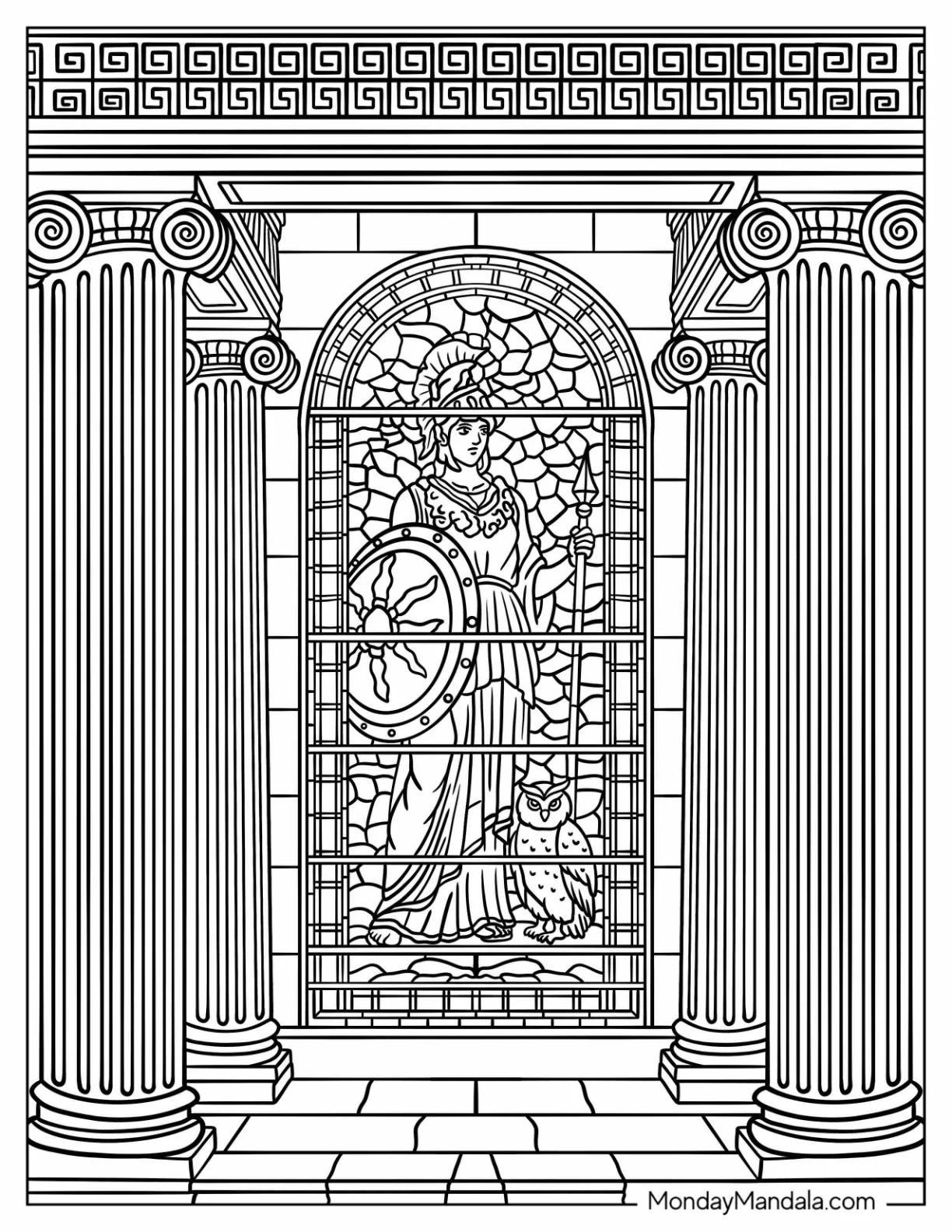Stained Glass Coloring Page of Window of Athena with Shield and Owl coloring page