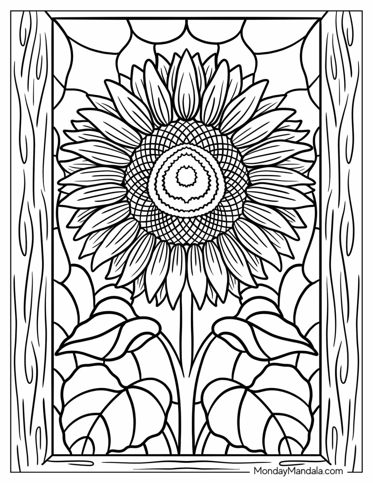 Sunflower in Bloom with Leafy Vines Stained Glass Coloring Page coloring page