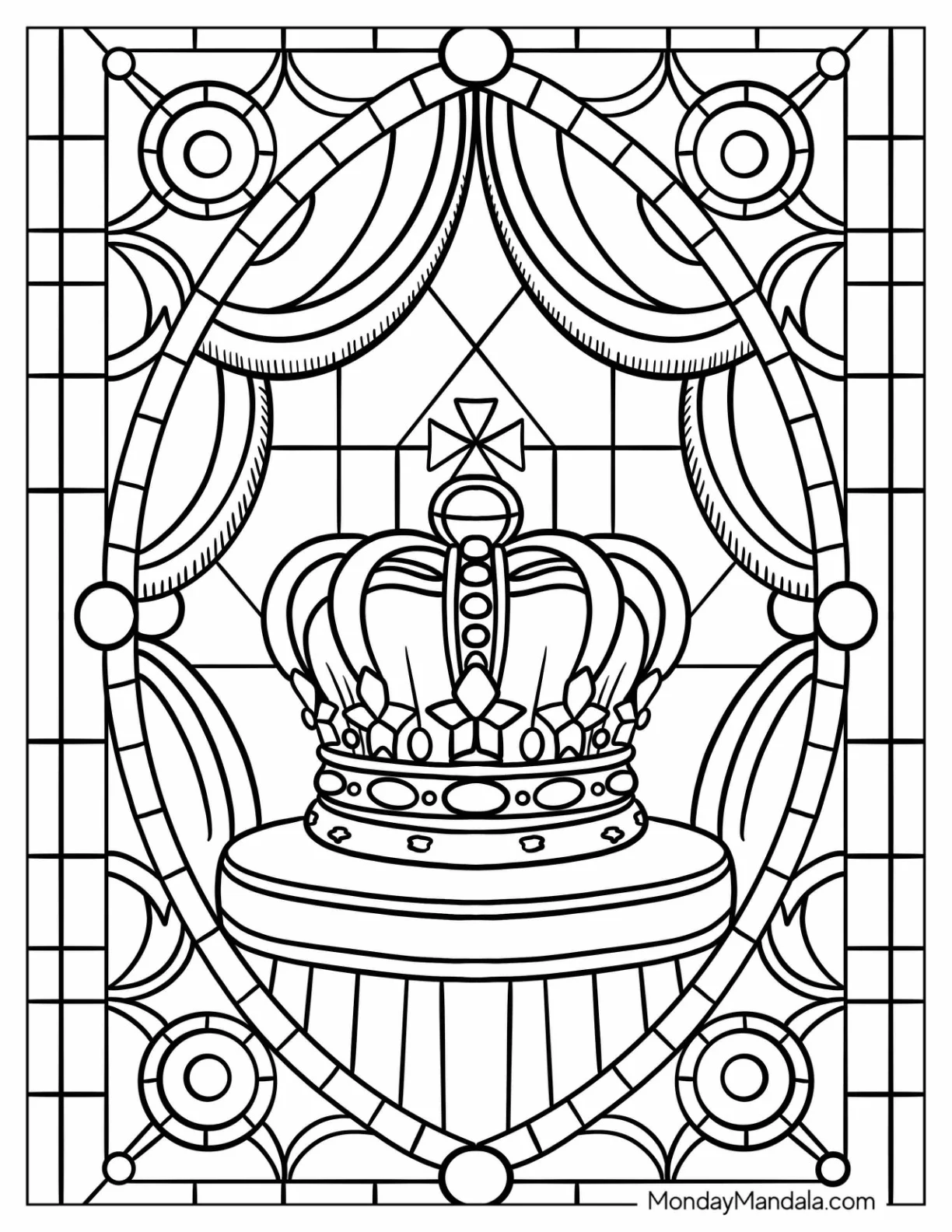 Traditional Royal Crown on Display Stained Glass Coloring Page For Kids coloring page