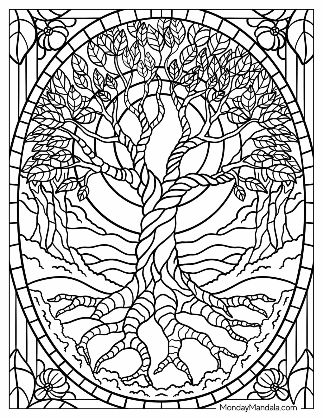 Twisting Tree of Life with Intricate Branches and Roots Stained Glass Coloring Page coloring page