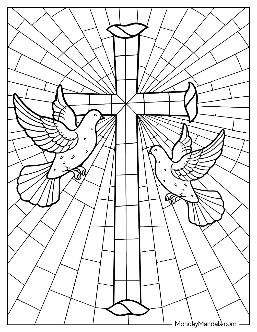 Two Doves Flying To The Cross Stained Glass Coloring Page coloring page