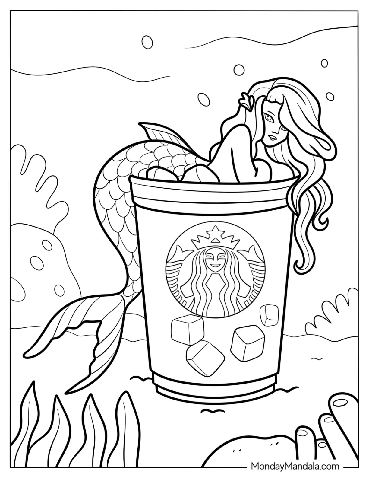 Beautiful Mermaid Resting On Top Of A Starbucks Coloring Page Cup Under The Sea coloring page