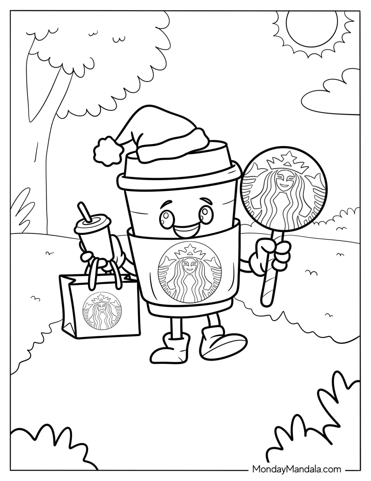 Cartoon Starbucks Coloring Page Cup Strolling In The Park With A Santa Hat coloring page
