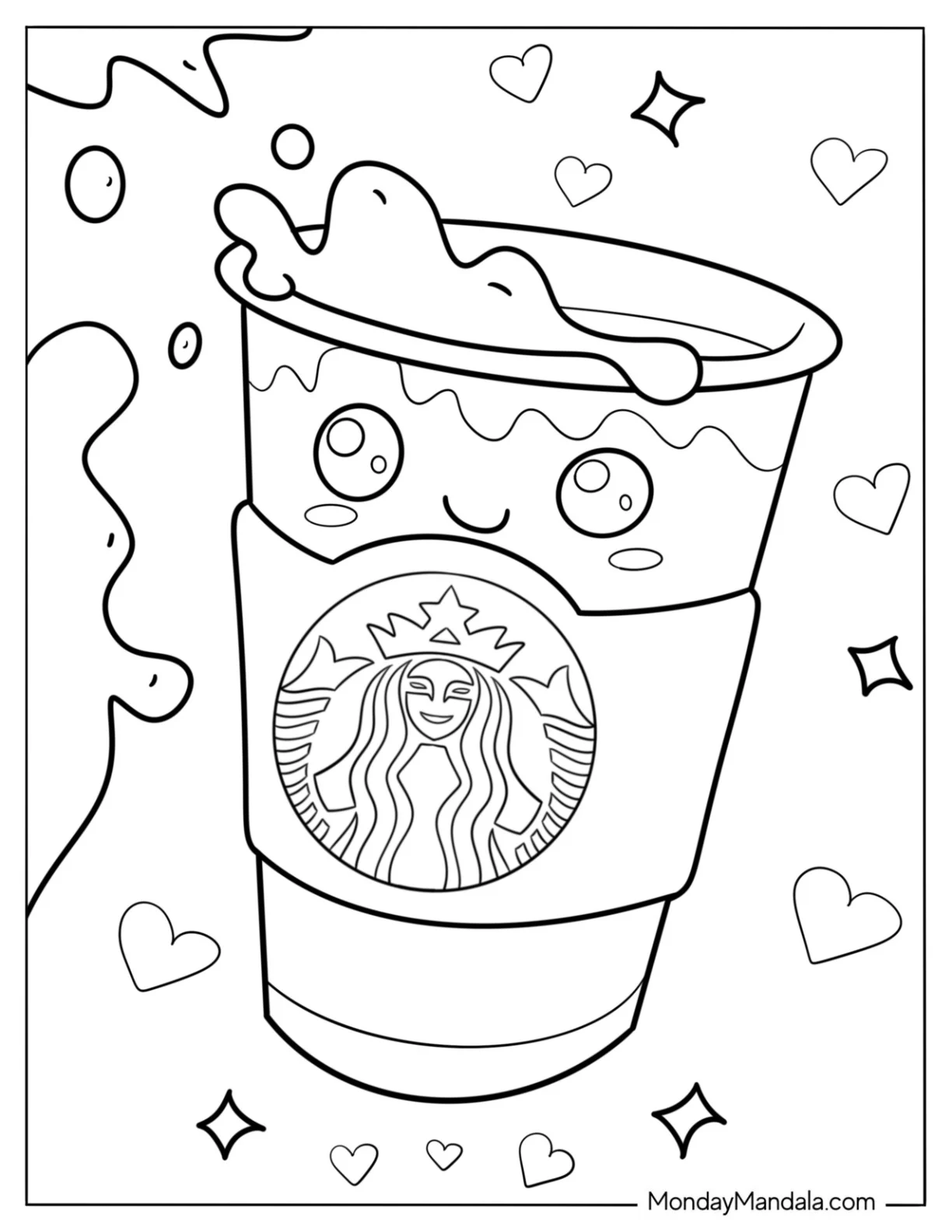 Cartoon Starbucks Coloring Page Cup With Drink Spilling Over For Kids coloring page — printable line art