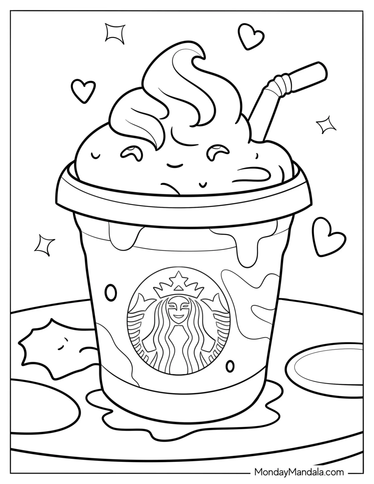 Cute Overflowing Starbucks Coloring Page Coffee With Hearts And Sparkles coloring page — printable line art