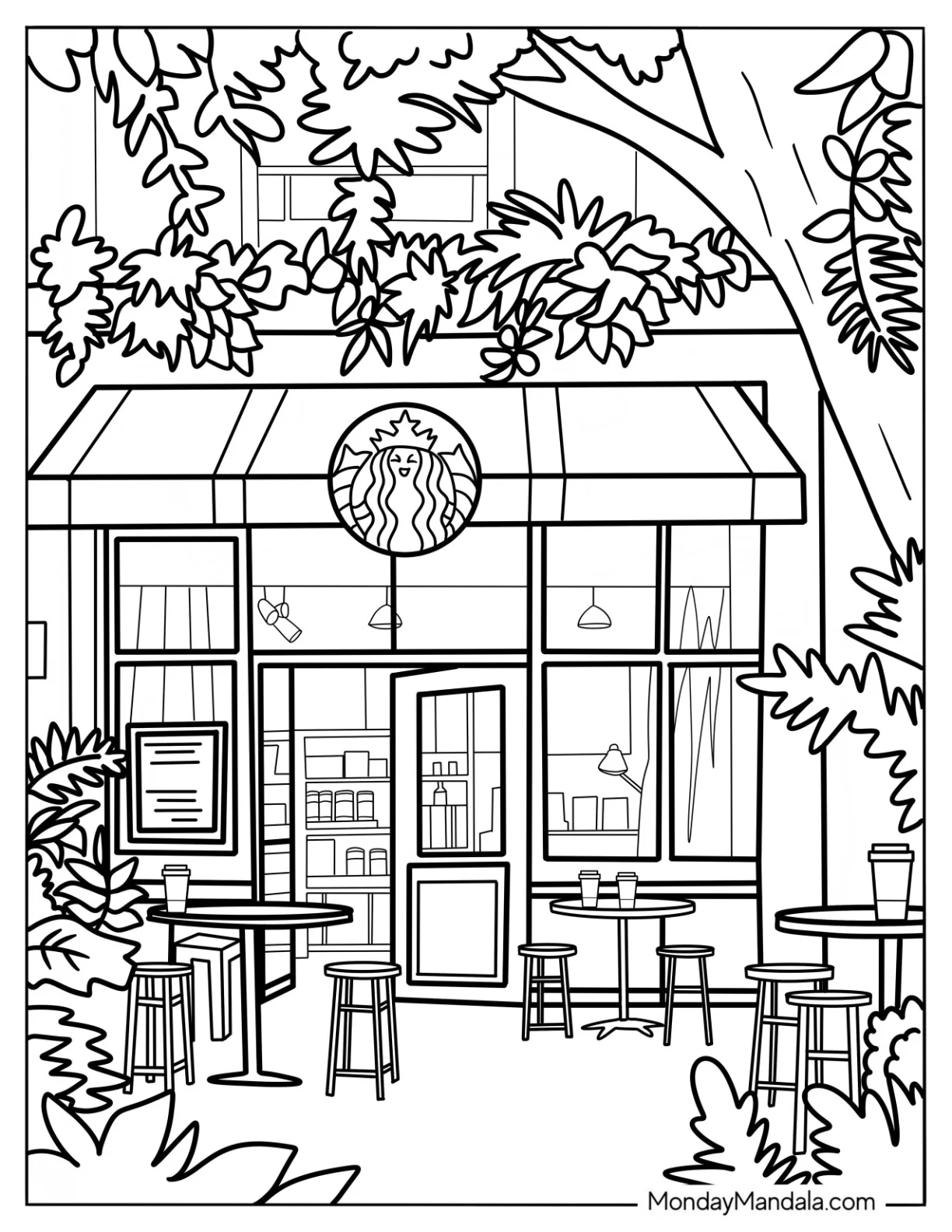 Detailed Starbucks Coloring Page Cafe Exterior coloring page — printable line art
