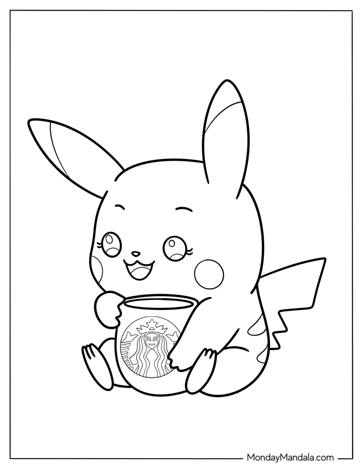 Kawaii Pikachu Hugging A Starbucks Coloring Page Mug For Preschoolers coloring page — printable line art