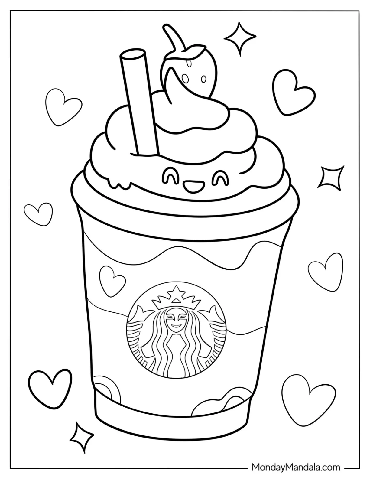 Smiling Cartoon Starbucks Coloring Page Frappe With Strawberry On Top For Kids coloring page